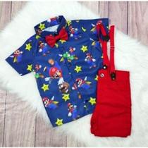 Conjunto Menino Linha Premium Temático Super Mario Bros +Bermuda +Suspensório