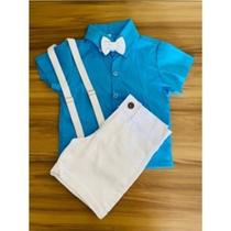 Conjunto Menino Luxo Baby Lune Camisa Azul Claro +Bermuda Branca