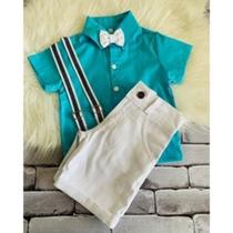 Conjunto Menino Luxo Baby Lune Camisa Azul Fosca + Bermuda Branca