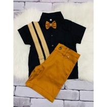 Conjunto Menino Luxo Baby Lune Camisa Preta + Bermuda Caramelo