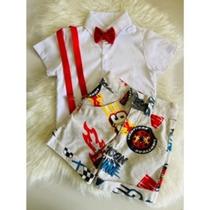 Conjunto Menino Luxo Hot Wheels + Camisa Branca + Bermuda Sublimada