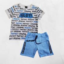 Conjunto Menino Meia Malha e Short em Moletinho Liso - Branco e Azul