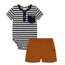 Conjunto Menino Milon Body Cotton Listrado e Bermuda Piquet Marinho/Marrom