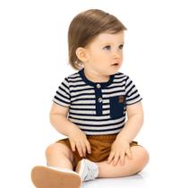 Conjunto Menino Milon Body Cotton Listrado e Bermuda Piquet Marinho/Marrom