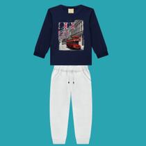 Conjunto Menino Milon Meia Estação Camiseta Algodão c/ Estampa e Calça Moletinho Marinho/Cinza Tamanho:12