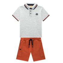 Conjunto Menino Milon Polo em Piquet e Bermuda Sarja Leve Cinza/Laranja
