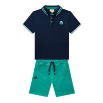 Conjunto Menino Milon Polo em Piquet e Bermuda Sarja Leve Marinho/Verde