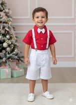 Conjunto Menino Social Vermelho com Suspensório Branco para Natal