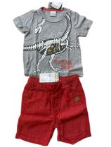 Conjunto Menino Verão Dinossauro Camiseta Bermuda em Sarja Estiloso Malwee Kids