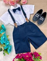 Conjunto Meninos Kanga Social Miguel Azul Marinho com Suspensório e Shorts