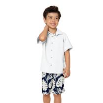 Conjunto Meninos Linho Camisa Branca e Bermuda Folhas Azul Marinho Milon Conjunto Meninos Linho Camisa Branca e Bermuda Folhas Azul Marinho Milon