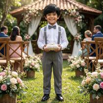 Conjunto Meninos Miss Cherry com Suspensório Cinza Grafite e Calça Marsala