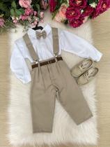 Conjunto Meninos Miss Cherry Leo Suspensorio Bege - Camisa e Calça