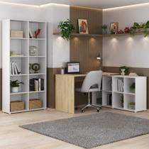 Conjunto Mesa 1400 Nero e Estante com 10 Nichos Clean Cor Carvalho com Branco Conjunto Mesa 1400 Nero e Estante com 10 Nichos Clean Cor Carvalho com Branco