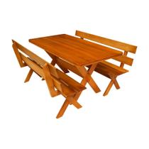 Conjunto Mesa 1,6m e 2 Bancos Com Encosto Madeira Maciça Eucalipto - Mesas Para Churrasco