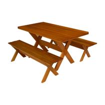 Conjunto Mesa 1,6m e 2 Bancos Sem Encosto Madeira Maciça Eucalipto Conjunto Mesa 1,6m e 2 Bancos Sem Encosto Madeira Maciça Eucalipto