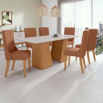 Conjunto Mesa 180cm Luxor com Vidro e 6 Cadeiras Celina Amêndoa Clean/Off White/Caramelo