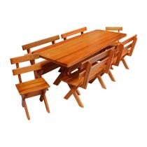 Conjunto Mesa 2,5m 4 Bancos e 2 Cadeiras Madeira Maciça Eucalipto - Mesas Para Churrasco