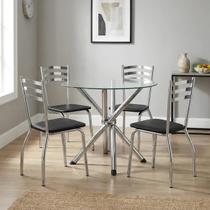Conjunto Mesa 4 Cadeiras Estofadas em Aço para Sala de Jantar com Tampo Vidro Redondo Crome