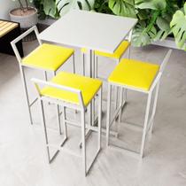 Conjunto Mesa Alta Bar Bistrô Quadrada Branca 4 Banquetas Confort Estofado Industrial White