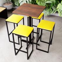 Conjunto Mesa Alta Bar Bistrô Quadrada Imbuia 4 Bancos Estofado Industrial Black