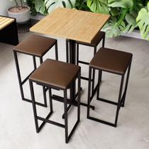 Conjunto Mesa Alta Bar Bistrô Quadrada Pinus 4 Bancos Estofado Industrial Black