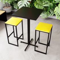 Conjunto Mesa Alta Bar Bistrô Quadrada Preta 2 Bancos Estofado Industrial Black