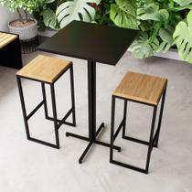 Conjunto Mesa Alta Bar Bistrô Quadrada Preta 2 Bancos Pinus Industrial Black