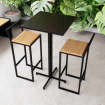 Conjunto Mesa Alta Bar Bistrô Quadrada Preta 2 Banquetas Confort Pinus Industrial Black