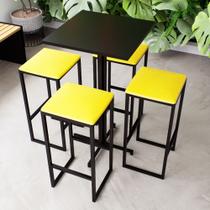 Conjunto Mesa Alta Bar Bistrô Quadrada Preta 4 Bancos Estofado Industrial Black