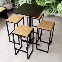 Conjunto Mesa Alta Bar Bistrô Quadrada Preta 4 Bancos Pinus Industrial Black