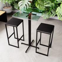 Conjunto Mesa Alta Bar Bistrô Quadrada Vidro 2 Bancos Estofado Industrial Black