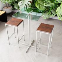 Conjunto Mesa Alta Bar Bistrô Quadrada Vidro 2 Bancos Imbuia Industrial White