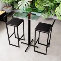 Conjunto Mesa Alta Bar Bistrô Quadrada Vidro 2 Banquetas Confort Estofado Industrial Black