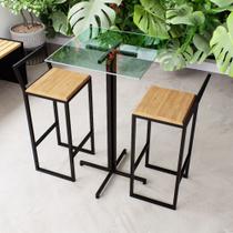 Conjunto Mesa Alta Bar Bistrô Quadrada Vidro 2 Banquetas Confort Pinus Industrial Black