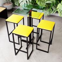 Conjunto Mesa Alta Bar Bistrô Quadrada Vidro 4 Bancos Estofado Industrial Black