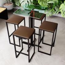 Conjunto Mesa Alta Bar Bistrô Quadrada Vidro 4 Bancos Estofado Industrial Black