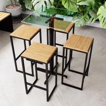 Conjunto Mesa Alta Bar Bistrô Quadrada Vidro 4 Bancos Pinus Industrial Black