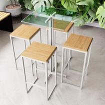 Conjunto Mesa Alta Bar Bistrô Quadrada Vidro 4 Bancos Pinus Industrial White