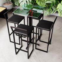 Conjunto Mesa Alta Bar Bistrô Quadrada Vidro 4 Banquetas Confort Estofado Industrial Black