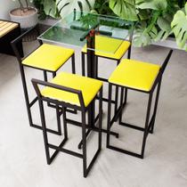 Conjunto Mesa Alta Bar Bistrô Quadrada Vidro 4 Banquetas Confort Estofado Industrial Black