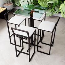 Conjunto Mesa Alta Bar Bistrô Quadrada Vidro 4 Banquetas Confort Estofado Industrial Black