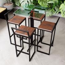 Conjunto Mesa Alta Bar Bistrô Quadrada Vidro 4 Banquetas Confort Imbuia Industrial Black