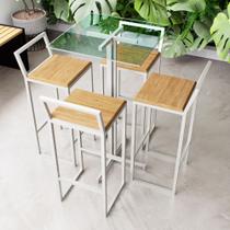 Conjunto Mesa Alta Bar Bistrô Quadrada Vidro 4 Banquetas Confort Pinus Industrial White