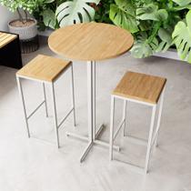 Conjunto Mesa Alta Bar Bistrô Redonda 2 Bancos Pinus Industrial White