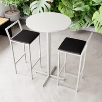 Conjunto Mesa Alta Bar Bistrô Redonda Branca 2 Banquetas Confort Estofado Industrial White