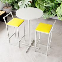 Conjunto Mesa Alta Bar Bistrô Redonda Branca 2 Banquetas Confort Estofado Industrial White