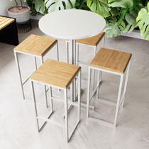 Conjunto Mesa Alta Bar Bistrô Redonda Branca 4 Bancos Pinus Industrial White