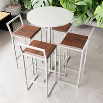Conjunto Mesa Alta Bar Bistrô Redonda Branca 4 Banquetas Confort Imbuia Industrial White