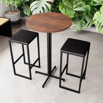 Conjunto Mesa Alta Bar Bistrô Redonda Imbuia 2 Bancos Estofado Industrial Black